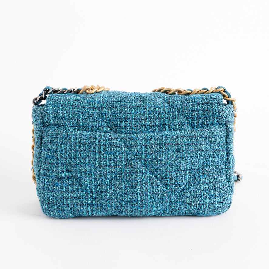 Chanel 19 Small Turquoise Blue Tweed