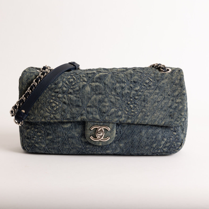 Chanel Denim Quilted Camellia Embroidered Flap Blue