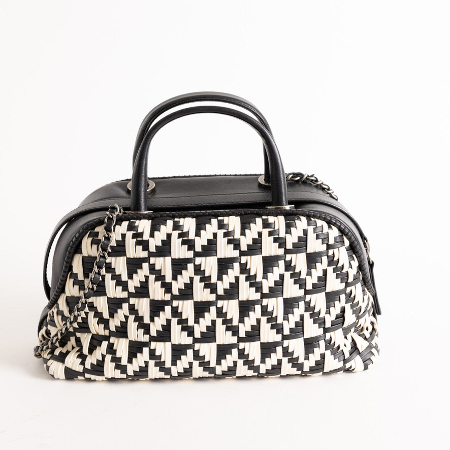 Chanel Black White Woven Leather Bowling Bag